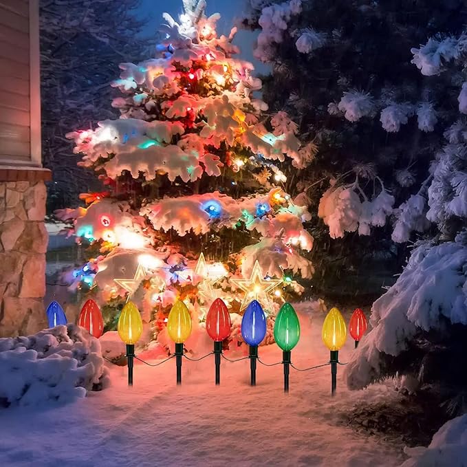 C9 Christmas Multicolor Pathway Lights 7Ft Outdoor Christmas Pathway Markers Lights with 4 Jumbo C9 LED Multicolor Bulbs Connectable Walkway Lights for Driveway Yard Garden