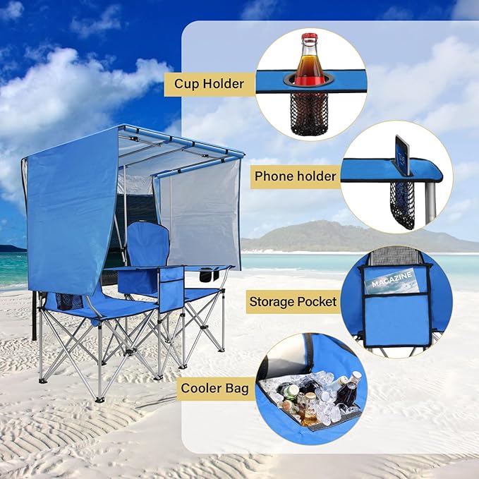 BESTHLS Double Camping Chair with Canopy Shade - Heavy Duty 600D Outdoor Loveseat for Adults 2-Person Beach Chair with Umbrella Folding Camp Loveseat for Fishing Sports Patio (Blue)