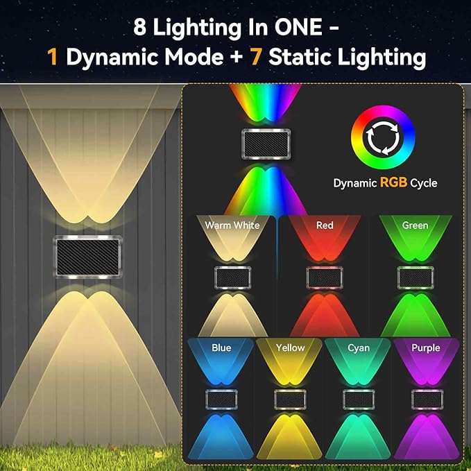TECKNET Solar Fence Lights 6 Pack 8 Modes RGB Color Changing Up Down Lights &amp 200°Wide Lighting IP66 Waterproof Dual-Lens LED Decorative Lights for Wall/Garden/Fence/Patio/Backyard