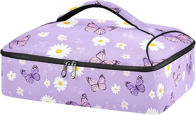 Casserole Carrier Cute Pattern Purple Butterfly and FlowersInsulated Casserole Carrier for Hot or Cold Food Thermal Lunch Tote for Potluck Parties Picnic Fits 9 x 13 Inches Baking Dish
