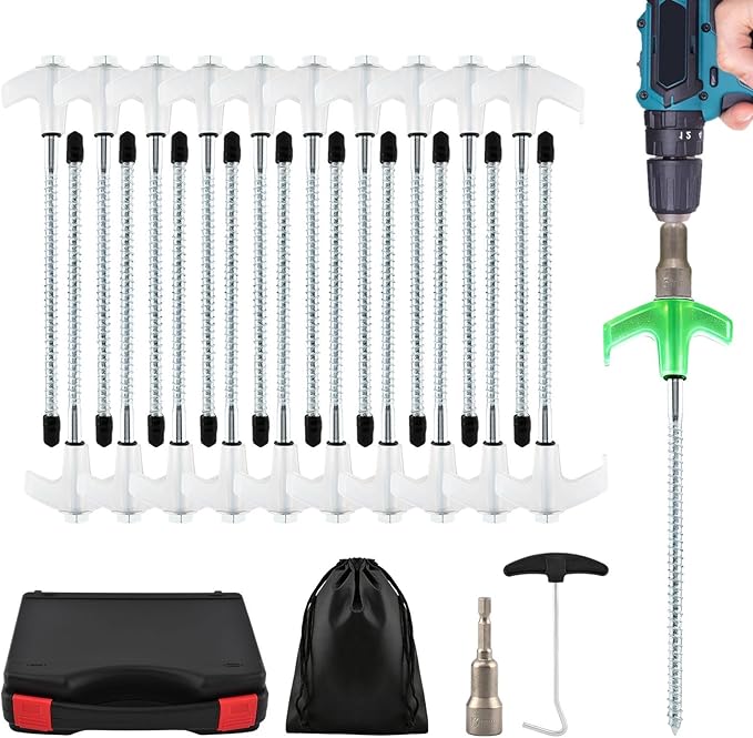 20 Pcs Screw in Tent Stakes Heavy Duty-8” Metal Pegs for Ground Drill in Camping Stake with Hex Head Driver Spikes Puller Protector in Carrying case for Hiking Glow in Dark