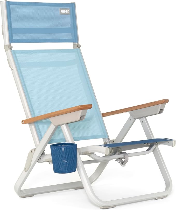 Veer Beach Chair - Durable Rust Resistant Beach Recliner (Reclines Fully Flat) with Breathable Fabric Towel Rack Flip Up Headrest and Backpack Straps