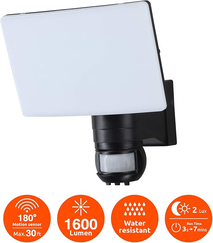 Link2Home EM-WR1660B Super Bright 1600 Lumen Motion Activated Outdoor Integrated LED 6500K Hardwired Powered Landscape Flood Light