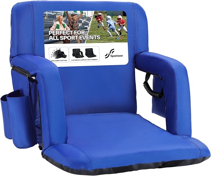 Sportneer Stadium Seats with Back Support: 2.5'' Thick Comfy Cushion 6 Adjustable Angle Bleacher Seat with Armrest - 2 Large Pockets 2 Cup Holders Stadium Chair for Sport Events Concerts Parks