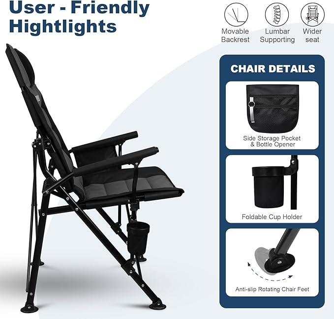 Supperella Movable Backrest Camping Chair for Adults with Cup Holder Folding Lawn Chairs for Outdoor Activities Sports Travel &amp Picnic