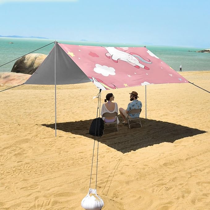 Cartoon Cute Unicorn Camping Sun Shelter Beach Tent Portable Beach Sun Shade Outdoor Canopy for Camping Trips Fishing Picnic