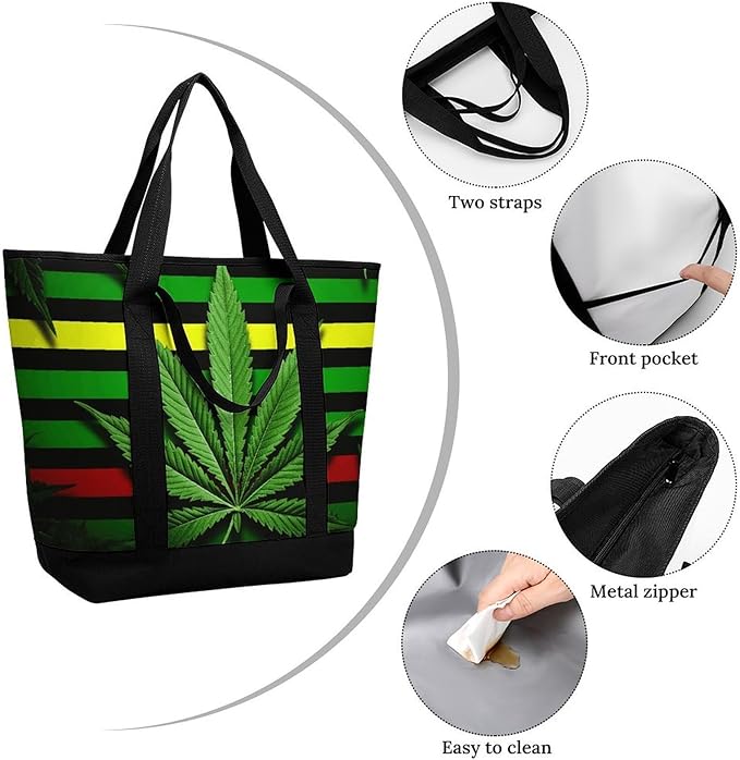 Insulated Shopping BagLarge Reusable Cooler Bags Weed Striped Printed Foldable Shopping BagTravel Waterproof Shoulder Bag