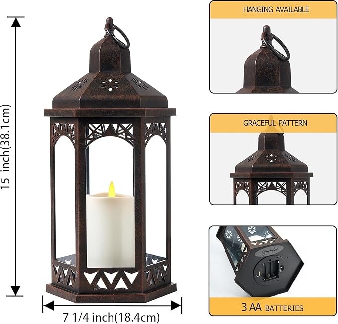Candle Lanterns Outdoor Lanterns Decorative Indoor for Porch with Flickering LED Candles Hexagonal Battery Operated Lighting with Hanging Hook Perfect for Party Decor