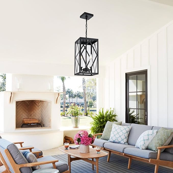 3 Lights Outdoor Pendant Light for Porch Black &amp White Exterior Hanging Light Fixture with Clear Glass Industrial Metal Cage Outside Chandelier Pendant for Porch Entryway Front Door Doorway