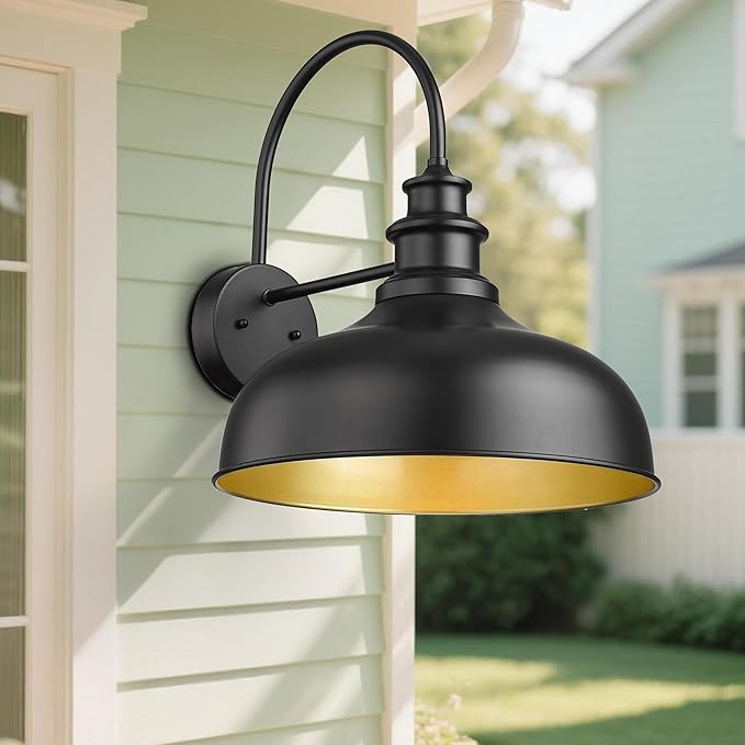 Bestshared Large Farmhouse Barn Lights 16 Inch Dome Outdoor Wall Lighting Fixture Industrial Vintage Sconces Lighting Exterior Mount Light Black Outdoor Wall Lantern for Porch (1Pack Black+ Gold)