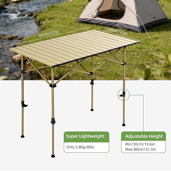Camping Table Folding Portable Camp Lightweight Roll Up Table Adjustable Height with Carry Bag Indoor Outdoor for Camping HomePicnicBackyardBBQParty