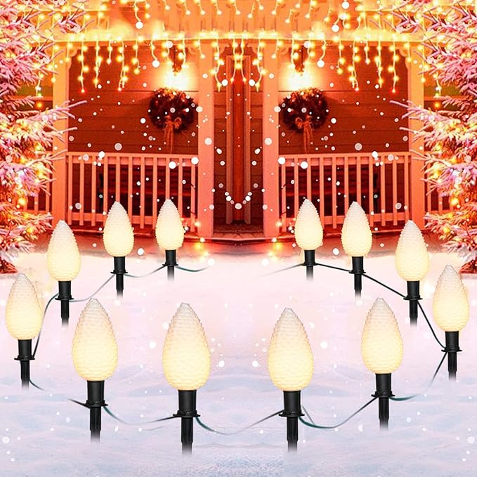 Abeja C9 Christmas Pathway String Lights 14Ft LED Pinecone Pathway Stakes with 8 Pine Cone Lights Christmas Lights Outdoor Yard Decorations for Walkway &amp Driveway Use-2 Sets