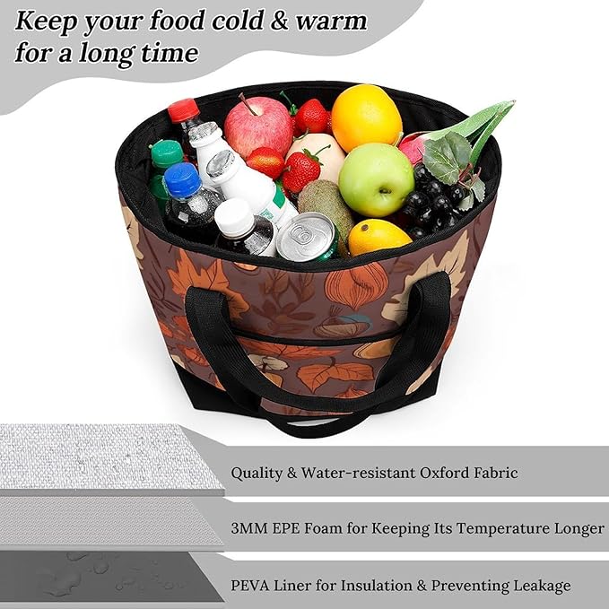 Insulated Shopping BagLarge Reusable Cooler Bags Fall Printed Foldable Shopping BagTravel Waterproof Shoulder Bag