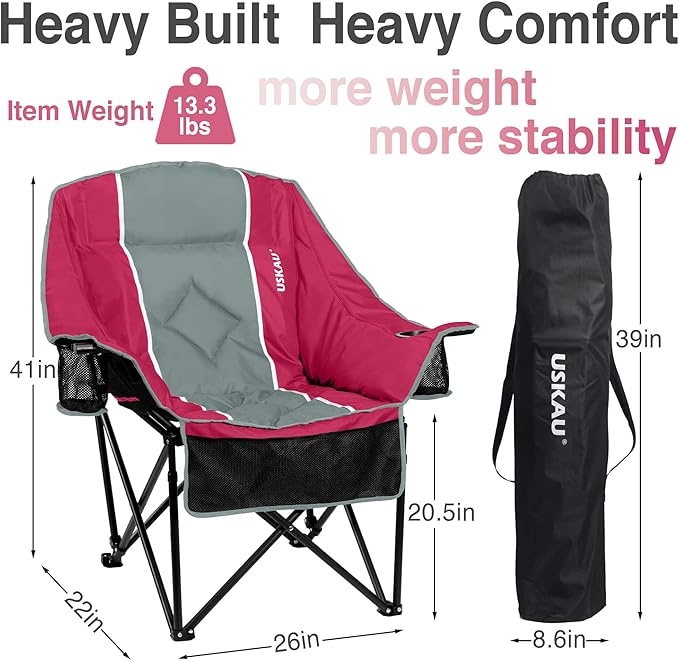 Oversized Camping Chair for Adults - Heavy Duty 400 lbs Padded Folding Chair with Wine Glass Holder 2 Cup Holders &amp Side Pockets Portable Carry Bag for RV Tailgating Lawn