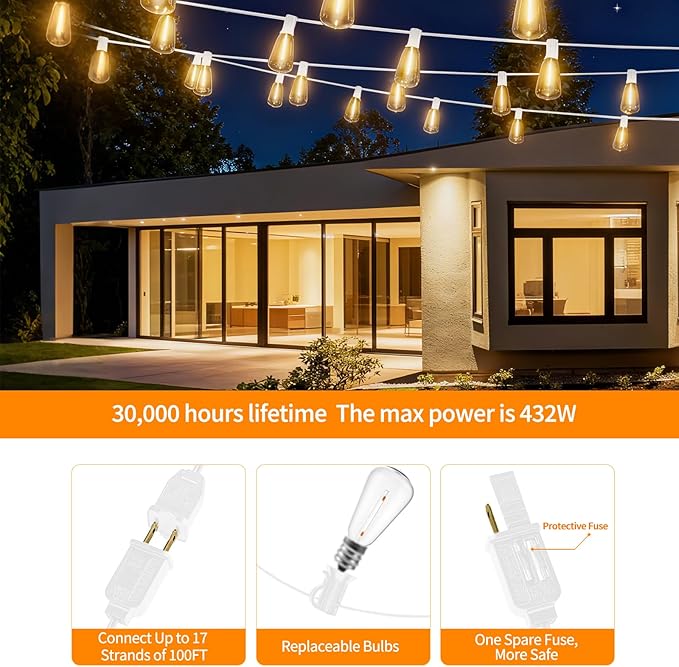 LED Outdoor String Lights 100ft ST38 White Waterproof Patio Lights with 50 Vintage Shatterproof Bulbs(3 Spare) Dimmable Outside Hanging Edison String Lights for Backyard Porch Balcony Warm White