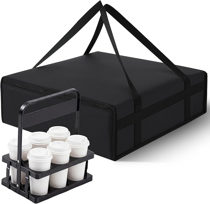 Insulated Food Delivery Bag Pizza Cooler Bag with Hard Bottom &amp Drink Carrier Thermal Hot Cold Grocery Tote for Food Delivery Travel Shopping and Catering (Black20 x 20 x 6 Inch)