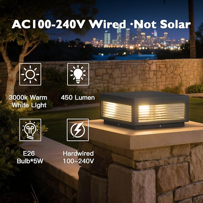 Outdoor Post Lights 11.81 Column Pillar Light Hard Wired Modern Fence Posts Lamp Waterproof 3000K Warm LED Lighting Lantern with E26 Bulb for Patio Driveway Garden Decoration