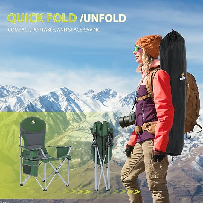 Nice C Camping Chair Portable Chair Lawn Chairs Outdoor Chairs with Armrest Cooler Bag Cup Holder Side Pocket for Camping Traveling Picnic (Green&ampGrey 1-Pack)
