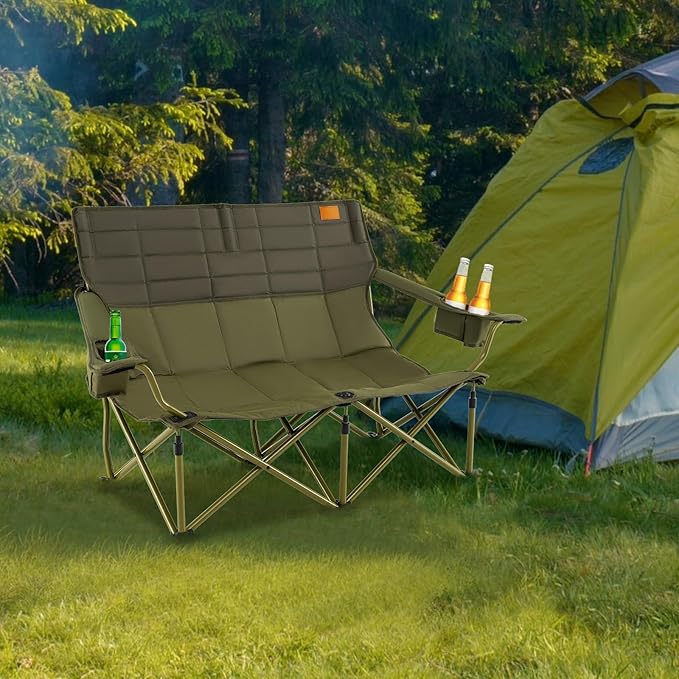 Goplus Double Camping Chair for Adults Low Outdoor Folding Loveseat Couch Chair w/Cup Holders Thick Padding Heavy-Duty 2 Person Lawn Chair for Beach Picnic Travel Supports 660 LBS(2-Person Seat)