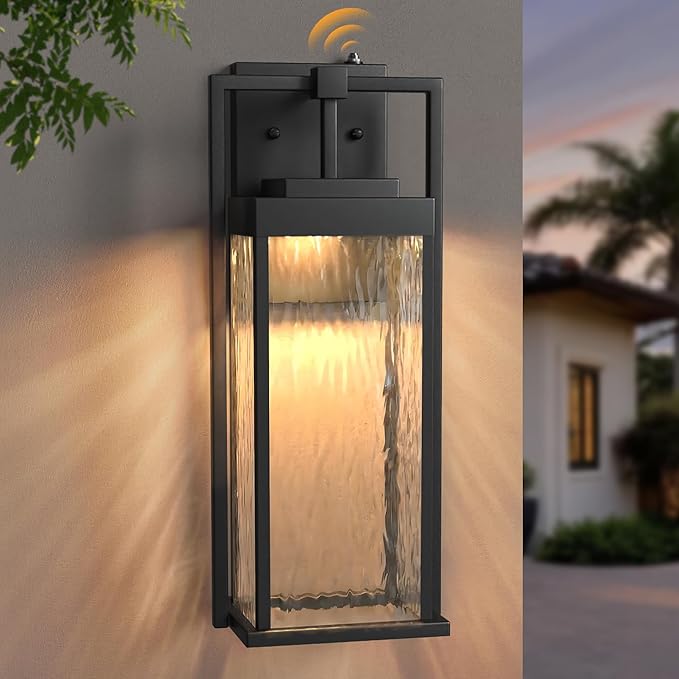 LED Outdoor Light Fixture 18Inch Waterproof Dusk to Dawn Outdoor Lighting Water Rippled Glass Exterior Lantern Sconce Modern Outside Wall Light for Porch House Garage Black