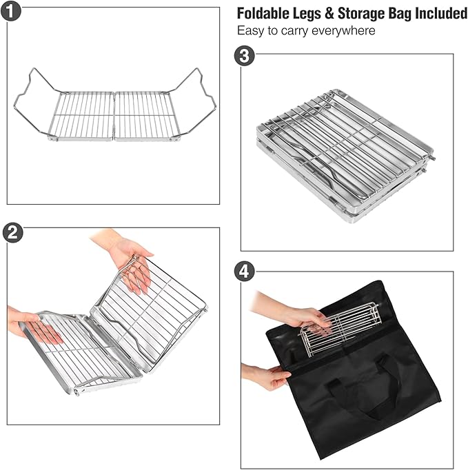 REDCAMP Folding Campfire Grill 304 Stainless Steel Grate Adjustable Height Portable Camping Grill with Carrying Bag for Outdoor Cooking BBQ