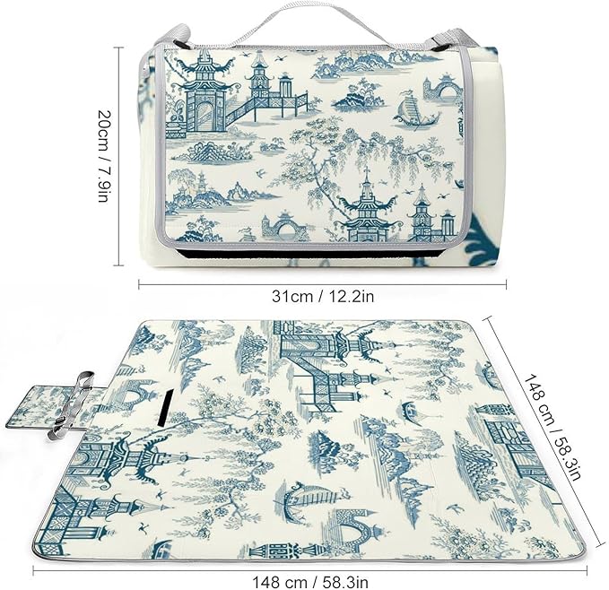 Blue and White Chinese Folk Chinoiserie Style Waterproof Outdoor Picnic Blanket Sandproof Beach Mat for Camping Hiking Grass Travelling