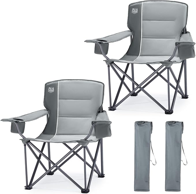 TIMBER RIDGE Oversized Folding Camping Chair for Adults Support 550 LBS Heavy Duty with Cup Holder Side Pocket for Camping Lawn Picnic 2 Pack(Grey)