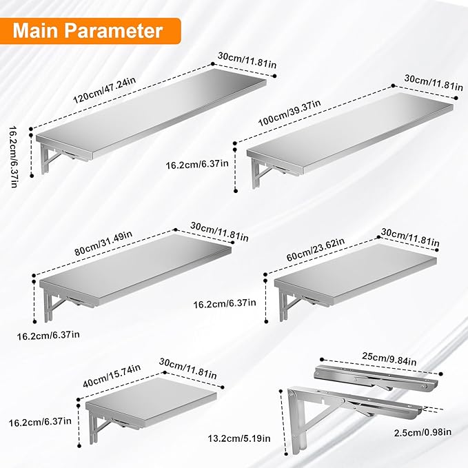 Folding Wall Shelf 23.6 x 12 Stainless Steel Wall Mounted Folding Table 110lb Capacity Floating Concession Shelf for Food Trucks Trailer Windows Kitchen Garage Utility Room 2 Pack