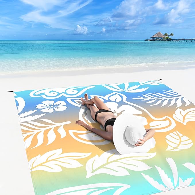 Shedoo Beach Blanket 78''×86'' Large Waterproof Sandproof Beach Mat for 2-4 Adults Lightweight Compact Sand Free Outdoor Picnic Blanket with 4 Stakes &amp 4 Corner Pockets