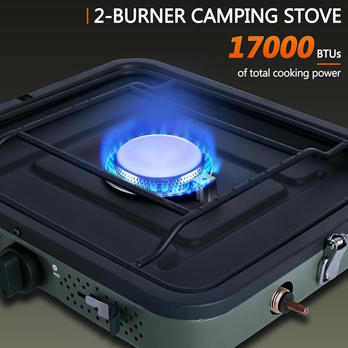 2 Burner Propane Camping Stove with Grill and Carrying Bag Portable Folding Camp Stove with 17000 BTU Adjustable Burners for Backpacking Picnics Outdoor Cooking