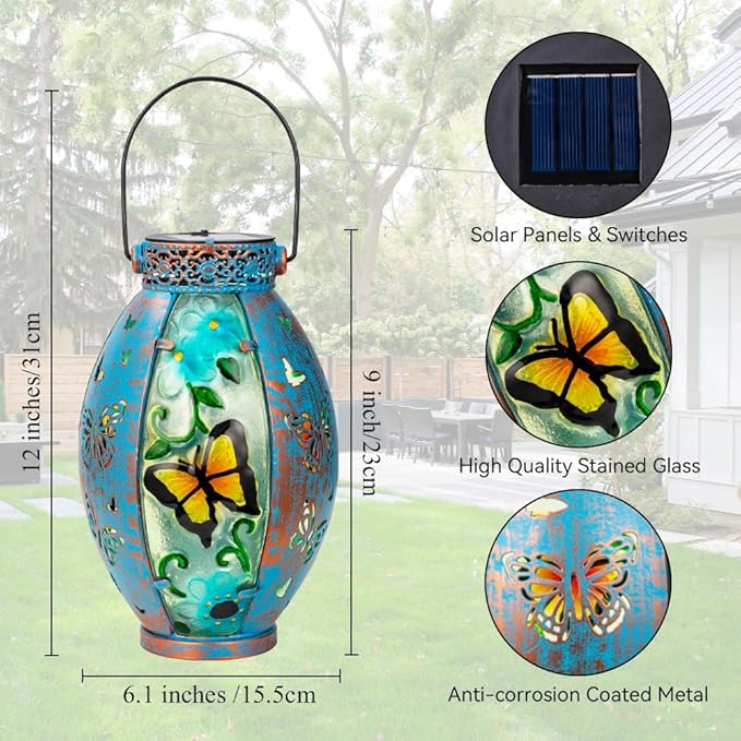 Butterfly Hanging Solar Lantern Outdoor Garden Decor Butterfly Lantern Memorial Gardening Gifts for Mom Grandma Solar Lights for Outside Waterproof Table Decor