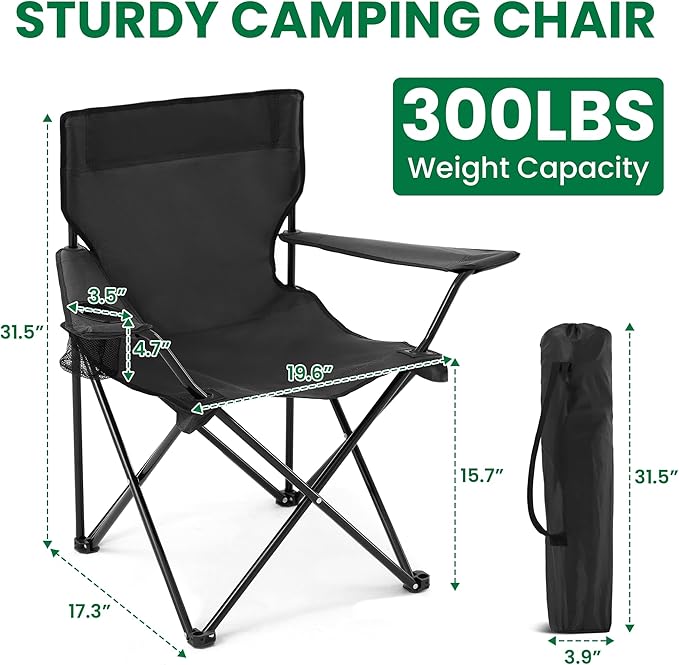 Folding Camping Chairs 2 Pack for Adults 300LBS Capacity Foldable Portable Lawn Chairs with Carry Bag Compact Design for Camp Beach Picnics and Outdoor (Black)