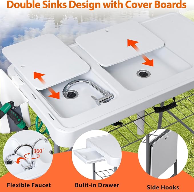 ZENY Fish Cleaning Table with Sink 42.4 Width Portable Folding Camping Table Outdoor Fish Cleaning Station with Grid Rack and Fish Cleaning Kit for Picnic