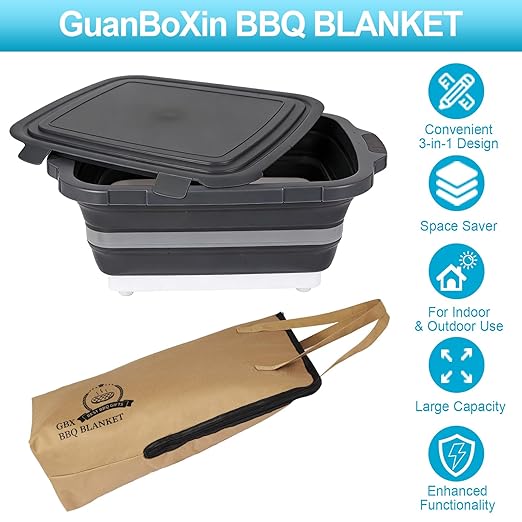 Collapsible Large BBQ Prep Tub &amp BBQ Resting Bag Foldable Cutting Board with Lid BPA Free Silicone Dish Bowl Leak Free Drain Hole for Meal Prep Marinating Food Storage(Black)
