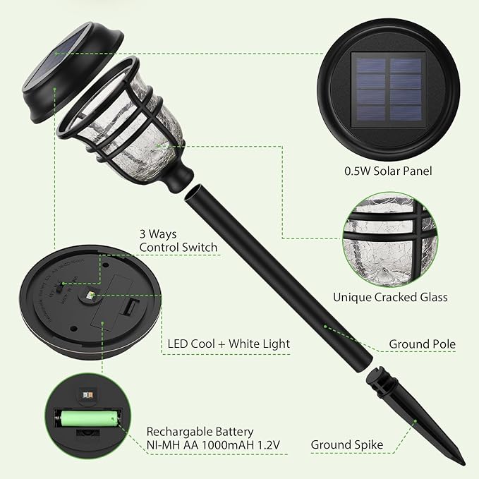 XMCOSY+ Solar Pathway Lights Outdoor Waterproof IP65-2 Lighting Modes LED Solar Powered Garden Lights Glass Outdoor Lighting for Yard Landscape Walkway Driveway Lawn Decor (Warm White &amp Cool Whit
