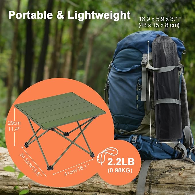Small Folding Camping Table with Carry Bag Portable Ultralight Compact Aluminum Beach Table Foldable Mini Collapsible Camp Tables for Hiking Picnic Travel Cooking Outdoor Green