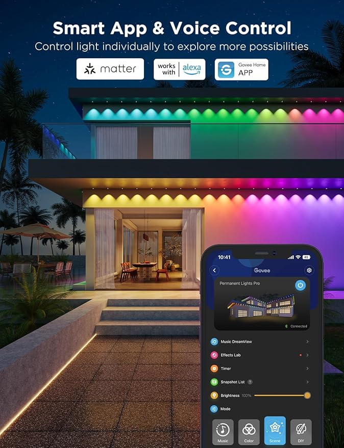 Govee Permanent Outdoor Lights Pro 100ft with 60 RGBIC LED Lights for Daily and Accent Lighting 75 Scene Modes for Outdoor Decor IP67 Waterproof Works with Alexa Google Assistant Matter White