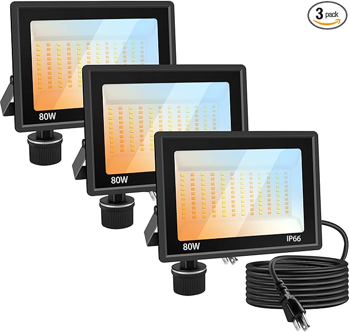 3 Pack 80W LED Flood Lights Outdoor 3CCT 3000/4500/6000K Selectable Floodlight Outside Work Light 9600LM IP66 Waterproof Security Lamps for Yard Garage Garden Workshop