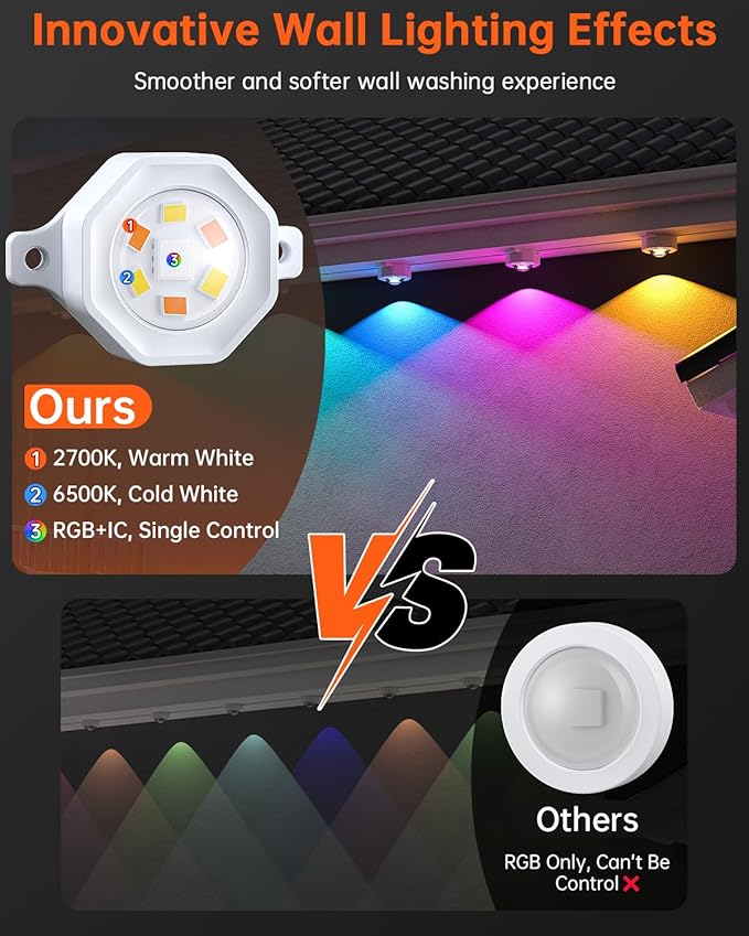 YAYZA! Permanent Outdoor Lights Pro 200ft 144 LED 135lm Smart RGB+IC+Warm/Cool White Christmas Eave Lights Music Sync&ampDIY Scenes IP67 Waterproof for Outside Decor Works with AlexaGoogle Assist