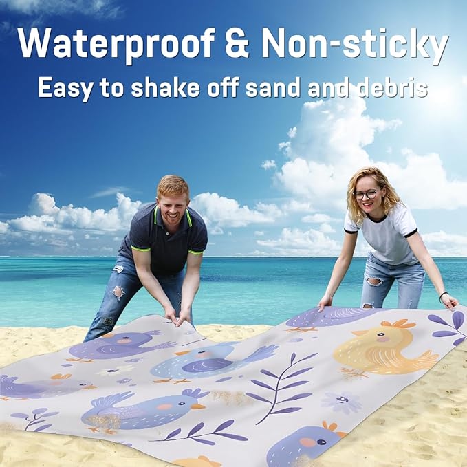 Waterproof Sandproof Beach Blanket 59''×68'' Animal Chicken Polyester Outdoor Picnic Blanket with 4 Stakes &amp Storage Bag for BeachCampingVacation Purple