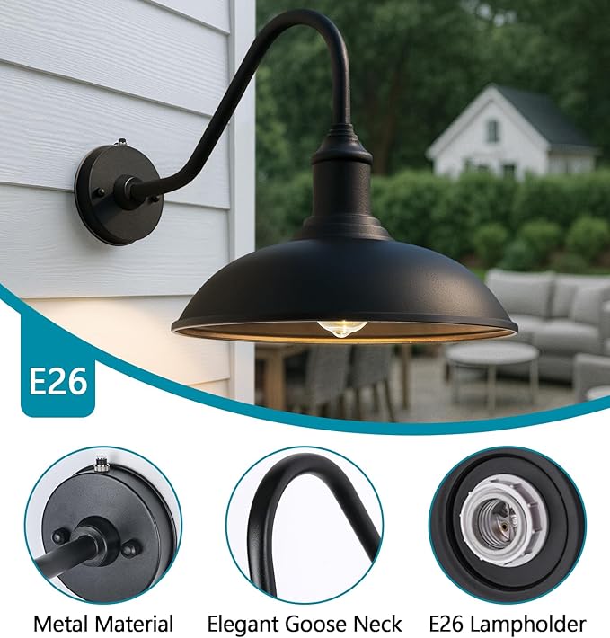 11 Inch Outdoor Barn Gooseneck Lights from Dusk to Dawn Waterproof and Rust Resistant Classic Farmhouse Barn Lights Gooseneck Lights for Garage Patio and Porch