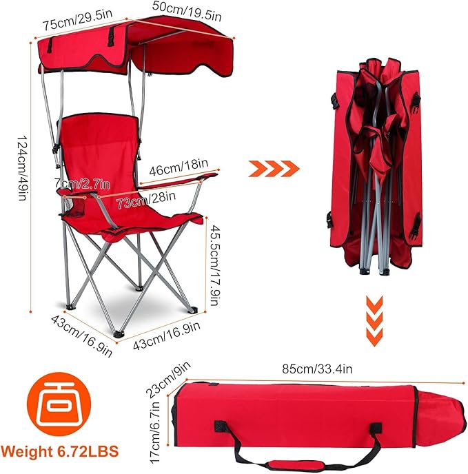 Camp Chair with Shade Canopy Heavy Duty Folding Camping Lawn Chair with Cup Holder UPF 50+ Sun Protection Portable Beach Lounge Chair for Outdoor Sports Support 330 LBS (Red)