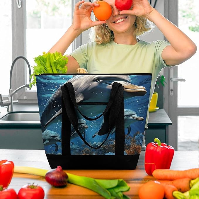 Insulated Shopping BagLarge Reusable Cooler Bags Dolphins Printed Foldable Shopping BagTravel Waterproof Shoulder Bag