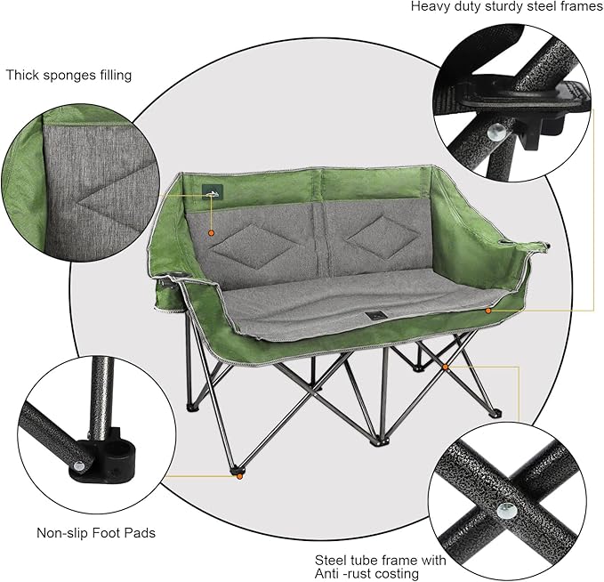 Northroad Folding Loveseat Camping Chair Portable Double Duo Full Padded Garden Chair for 2 Person Sofa w/ 2 Cup HolderWine Glass HolderMesh StorageSupport 600lbs for Picnic Beach Travel (Green)