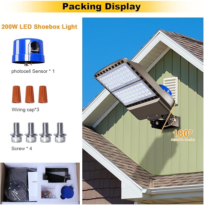 200W LED Parking Lot Light Outdoor28000LM Bright Dusk to Dawn Floodlights Trunnion Yoke Wall Mount 5500K IP65 Waterproof Commercial Shoebox Barn Security YardGarageStreet Light 3 Pack