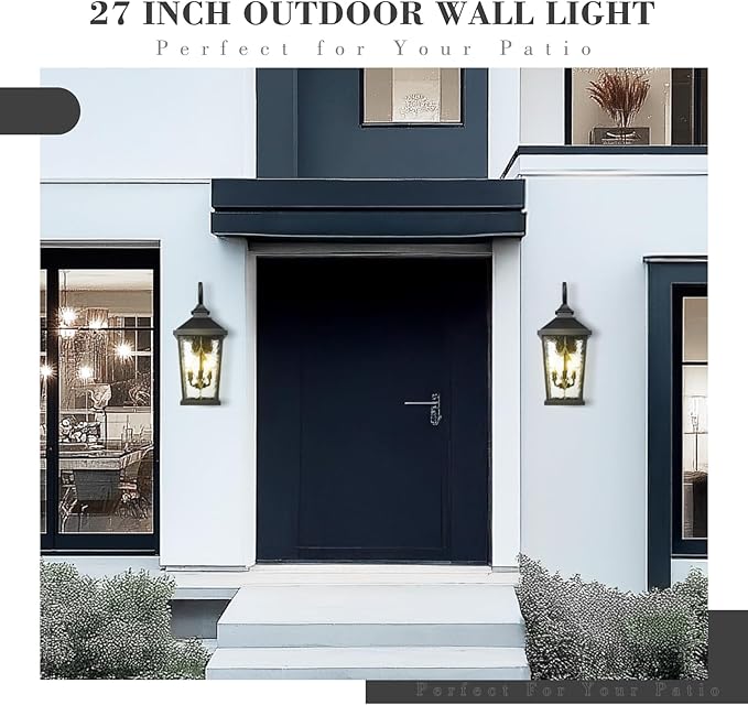 Emliviar Outdoor Light Fixture for Porch 27-Inch Extra Large Exterior Porch Lantern Light Waterproof Aluminum Outdoor Wall Sconce in Black Finish WE301BL-SD BK