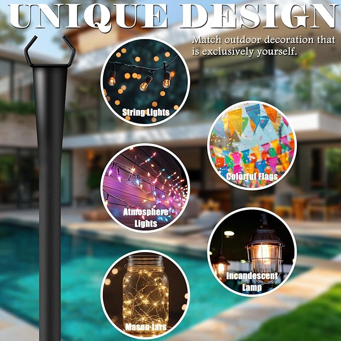 10Ft String Light Poles 2 Pack for Outside Metal Outdoor Light Poles with 5 Prongs for Garden Patio Backyard Deck Fence Bracket Hanging Light for Party Wedding Decor