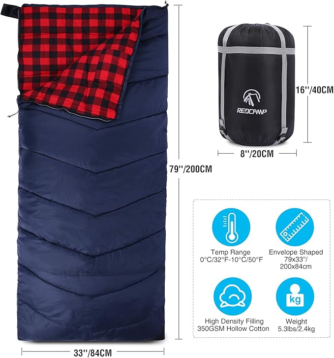 REDCAMP Cotton Flannel Sleeping Bag for Camping Backpacking Adults Cold Weather Envelope Sleeping Bags with 2/3/4/6lbs Filling