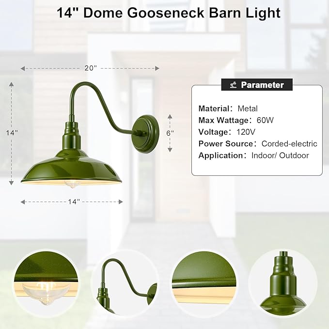 14 Inch Dome Outdoor Gooseneck Barn Lights Olive Green Farmhouse Exterior Wall Lights for Porch 2Pack Patio Barn Style Wall Mount Gooseneck Lighting for House Garage