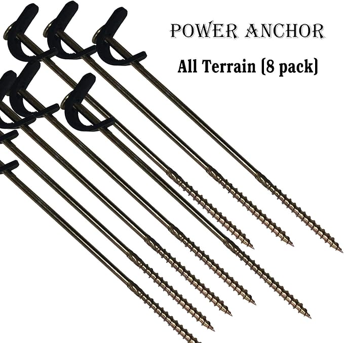 Keyfit Tools All Terrain Tent Stake (8 Pack) Screw in Tent Stake Ground Anchor with Secura Strap for Extreme Winds Secure Tarps Fish Houses Hunting Ground Blinds Camping Tent